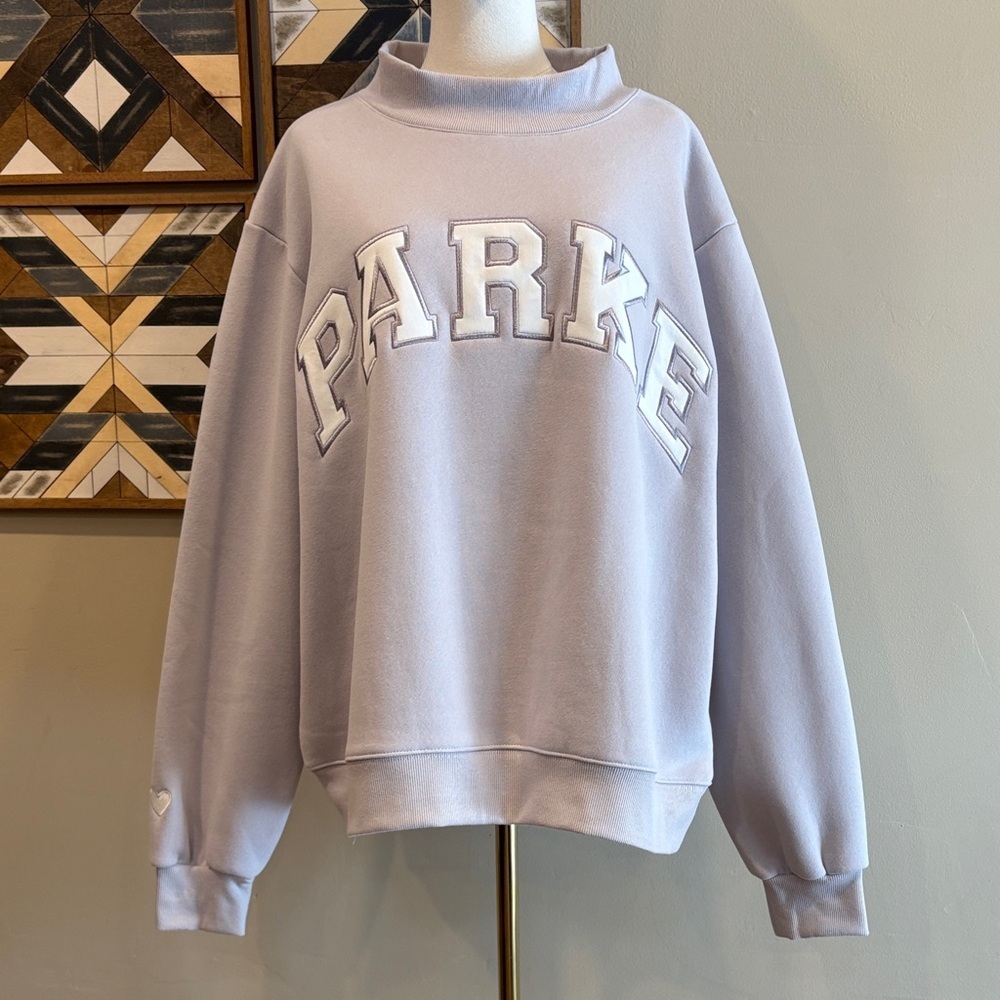 PARKE Valentine’s Fleece Varsity Mockneck in Lavender + White size L/XL EUC